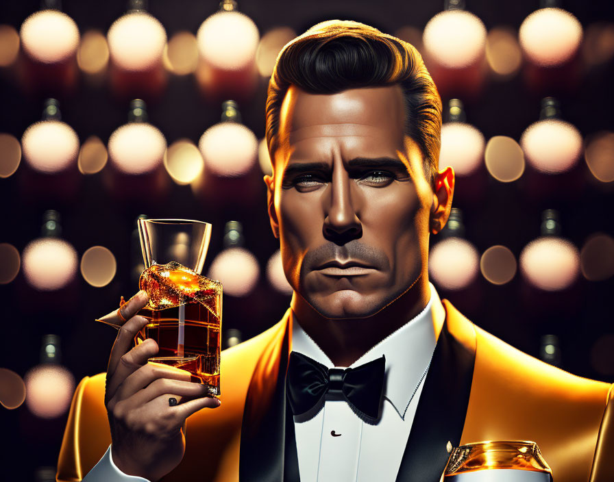 Stylish man with bow tie and whiskey glass in elegant setting