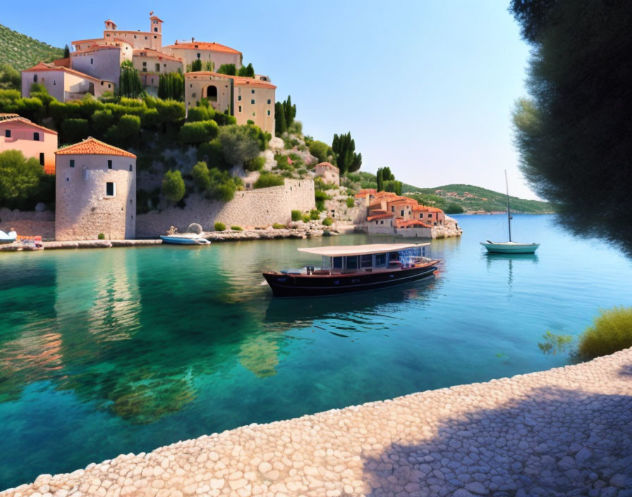 Tranquil waterfront scene with moored boat and village under clear sky