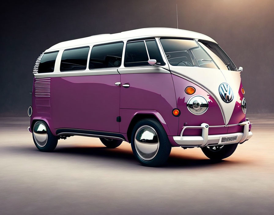 Vintage Purple and White Volkswagen Type 2 Van in Studio Setting