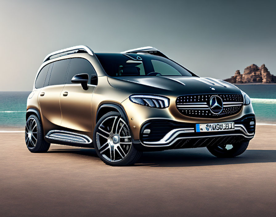 Black Mercedes-Benz SUV parked on sandy beach with ocean and rocks.