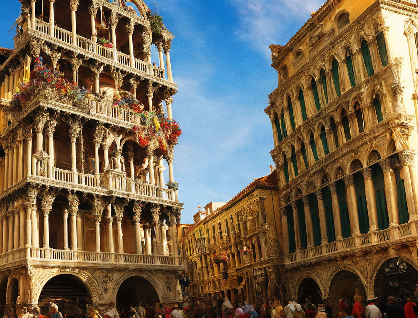 Historical buildings with flowers in a bustling square under a clear sky