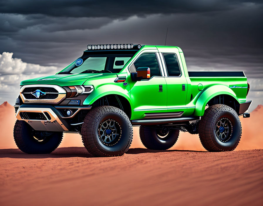 Customized green pickup truck with off-road features parked on sandy terrain