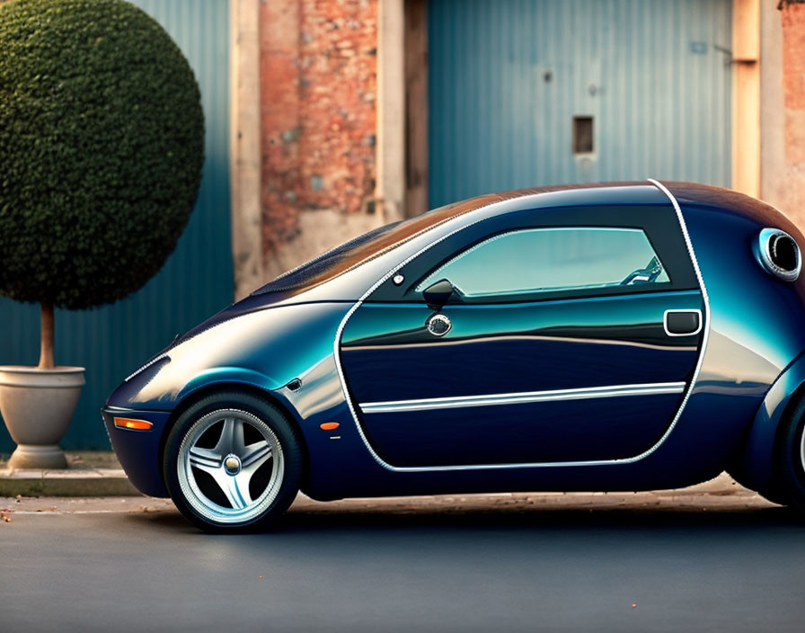 Futuristic blue single-seater car with silver details parked by brick wall