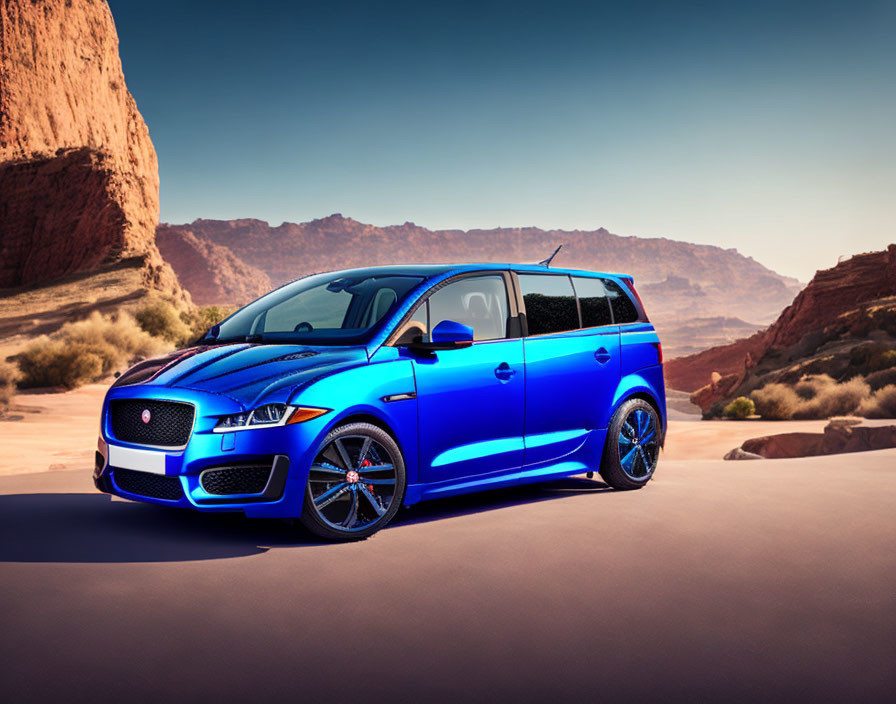 Blue Jaguar Car Parked in Desert with Rocky Formations and Clear Sky