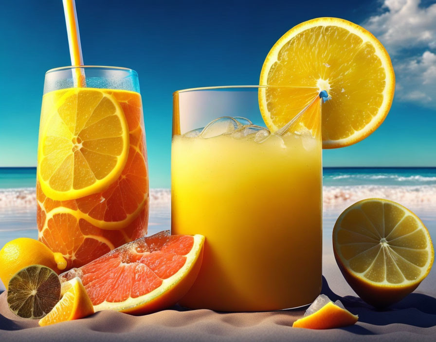 Refreshing Citrus Juice Glasses on Sandy Beach with Sliced Fruits