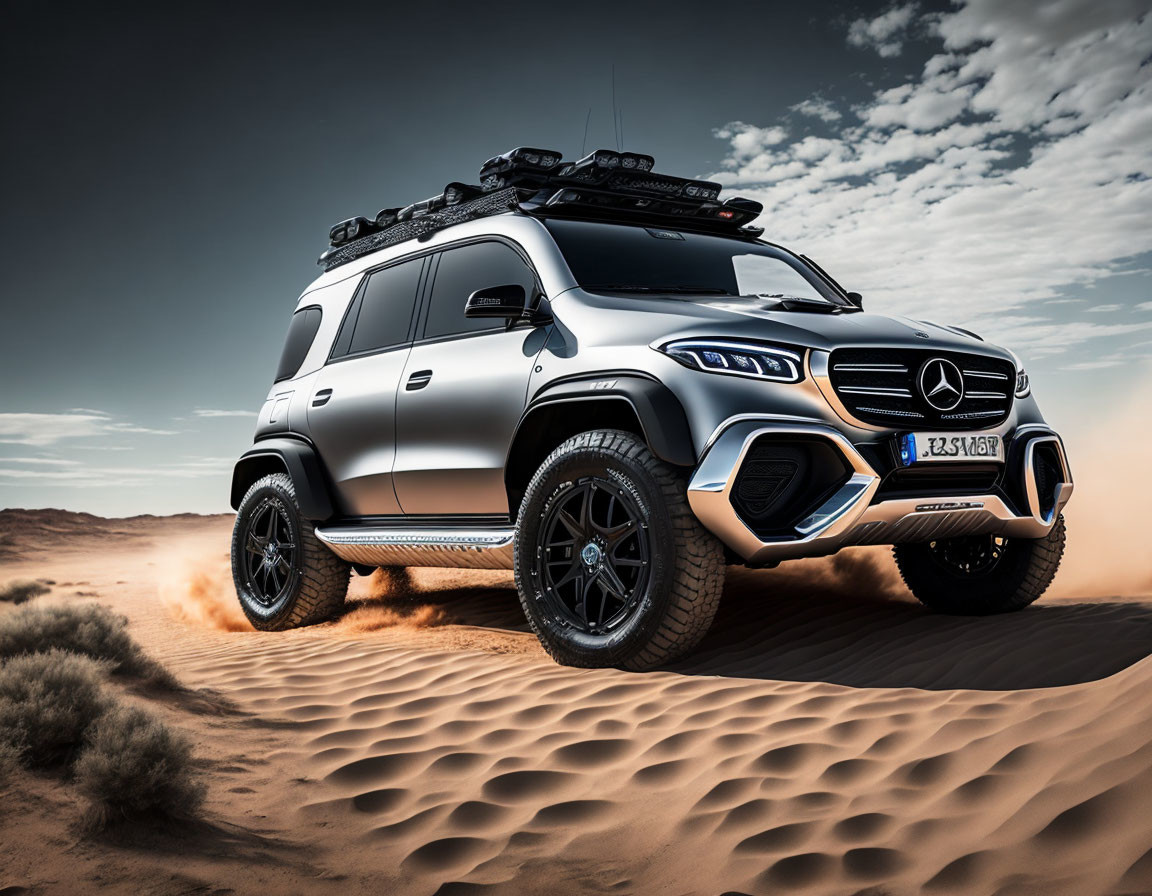 Mercedes SUV Off-Road Driving in Desert Landscape