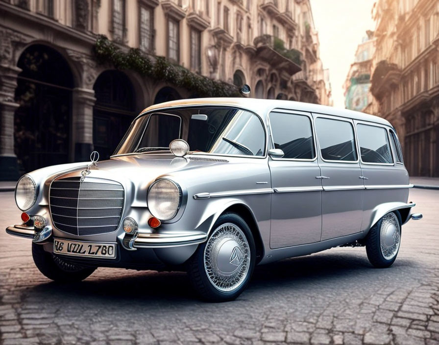 Vintage Mercedes-Benz limousine on cobblestone street in old European city