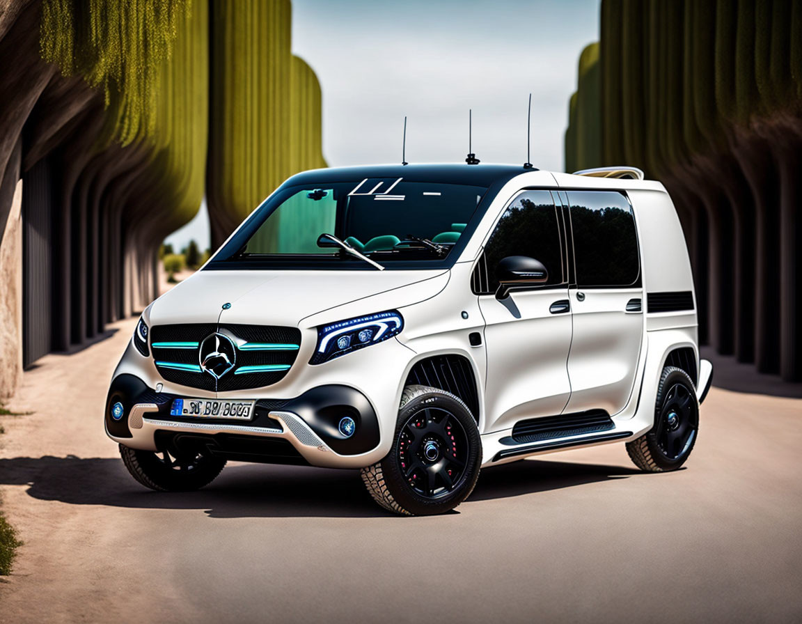 White Mercedes Van with Custom Wheels and Roof-Mounted Antennas Parked on Paved Road