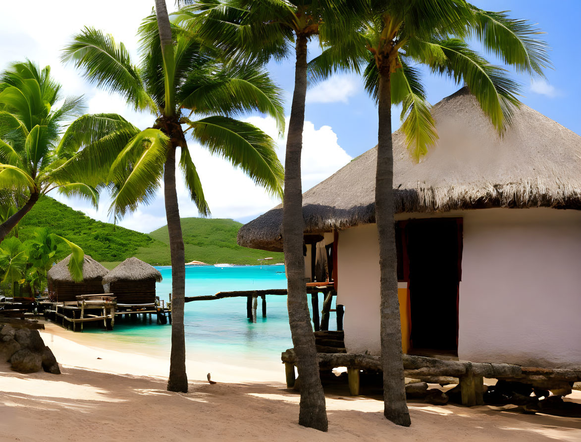 Tropical Beach Scene with Thatched-Roof Hut & Palm Trees