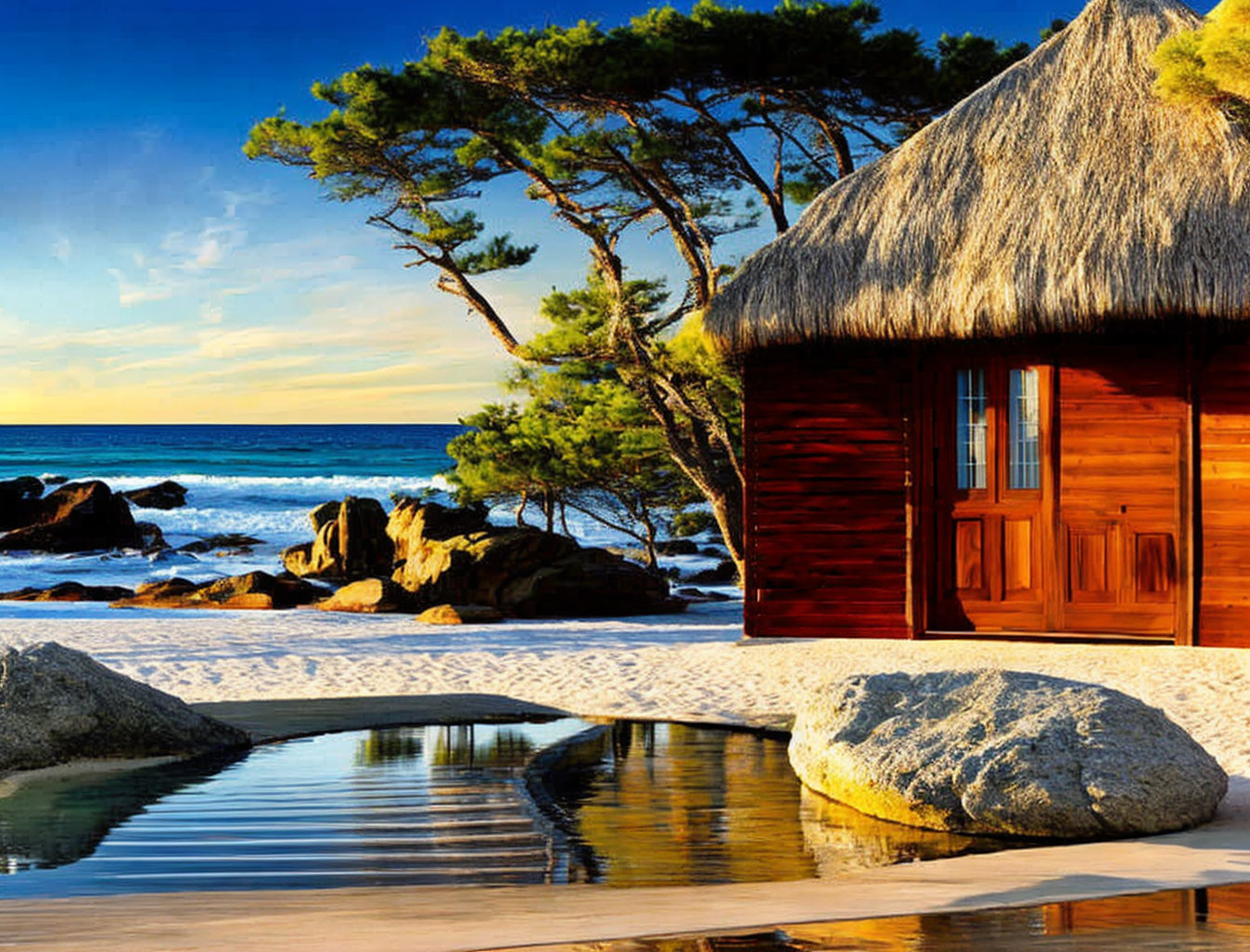 Tranquil beach scene with wooden hut and reflecting pool surrounded by rocks and pines.