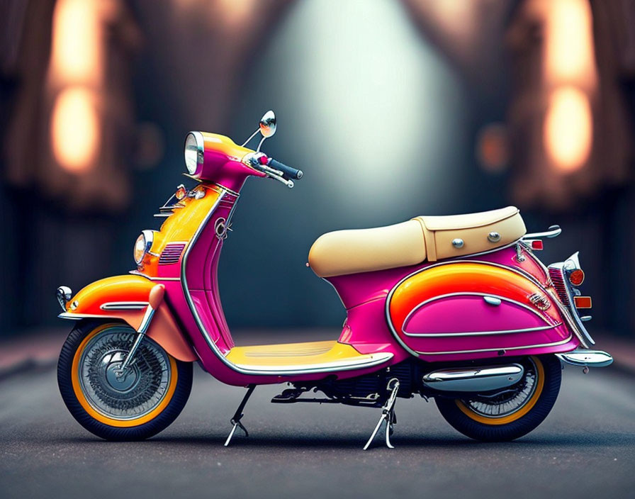 Vibrant pink and orange vintage scooter with chrome accents and tan seat parked.