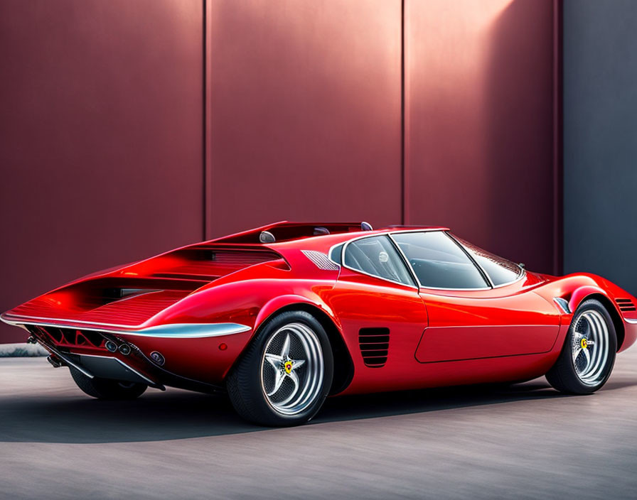 Classic Red Sports Car with Gullwing Doors and Yellow-Rimmed Wheels