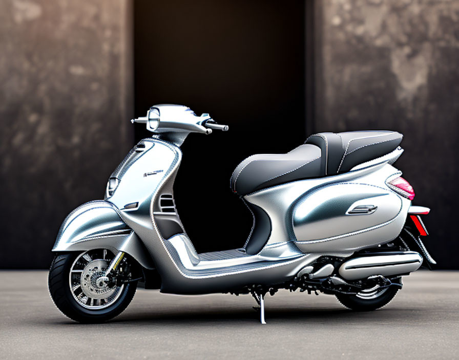 Silver modern scooter against dark textured backdrop.