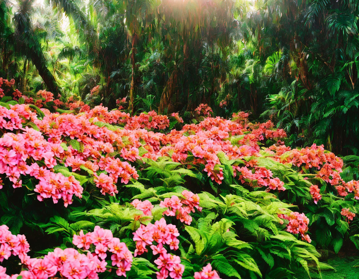 Lush Tropical Garden with Vibrant Pink Flowers