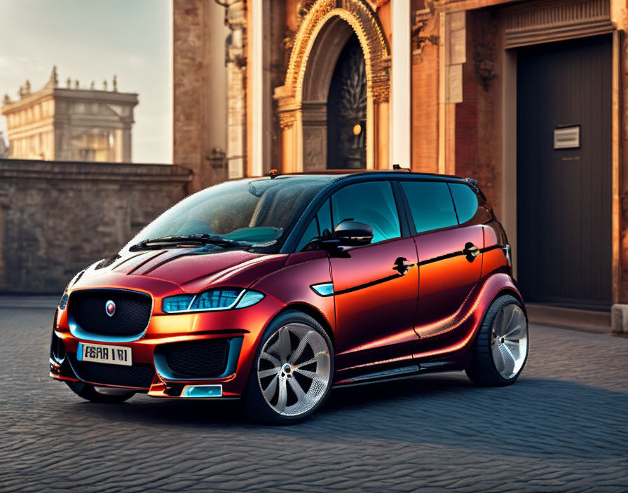 Red and black hatchback car on cobblestone street by classic building at golden hour