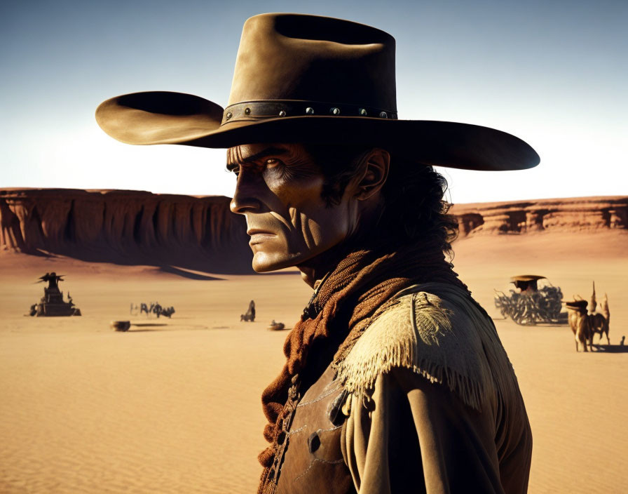 Cowboy with face paint in desert landscape with wagons and cliffs