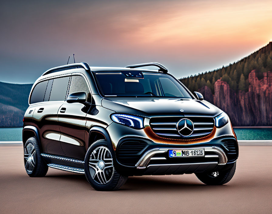 Black Mercedes SUV parked by lake at sunset with forest backdrop and colorful sky.