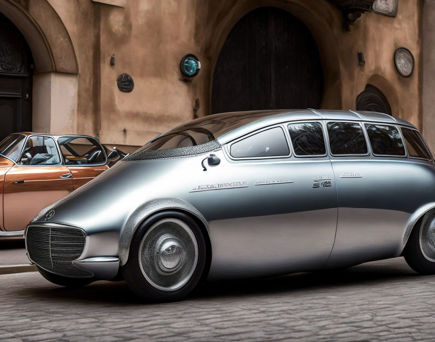 Futuristic silver car parked next to classic orange car on cobblestone street