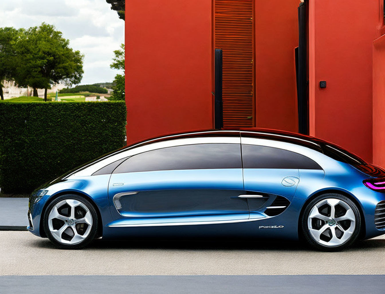 Futuristic blue car parked by red building with greenery