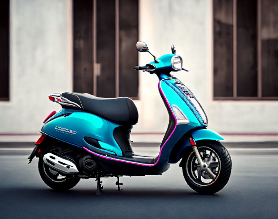 Blue Scooter with Black Seat and Neon Pink Accents on City Street