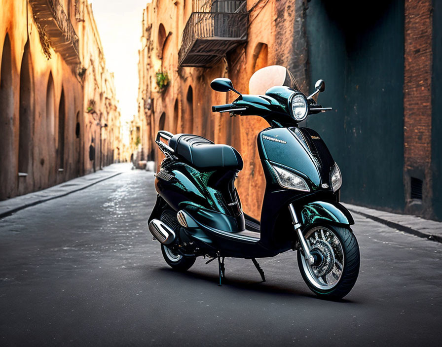 Green scooter parked on cobblestone street in warm sunlight, old European alley.