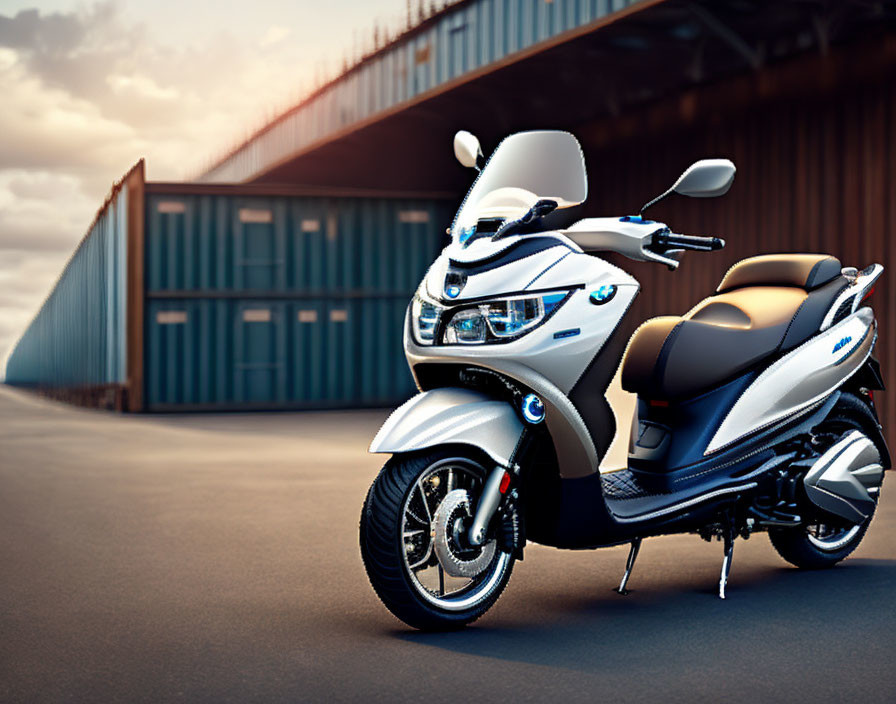 White Modern Scooter with Blue Accents Parked Near Warehouse