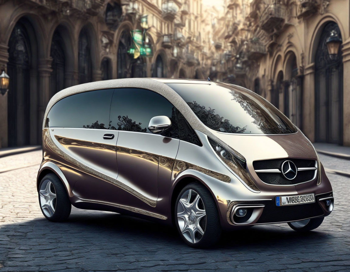 Futuristic Mercedes-Benz concept car with two-tone paint on cobblestone street