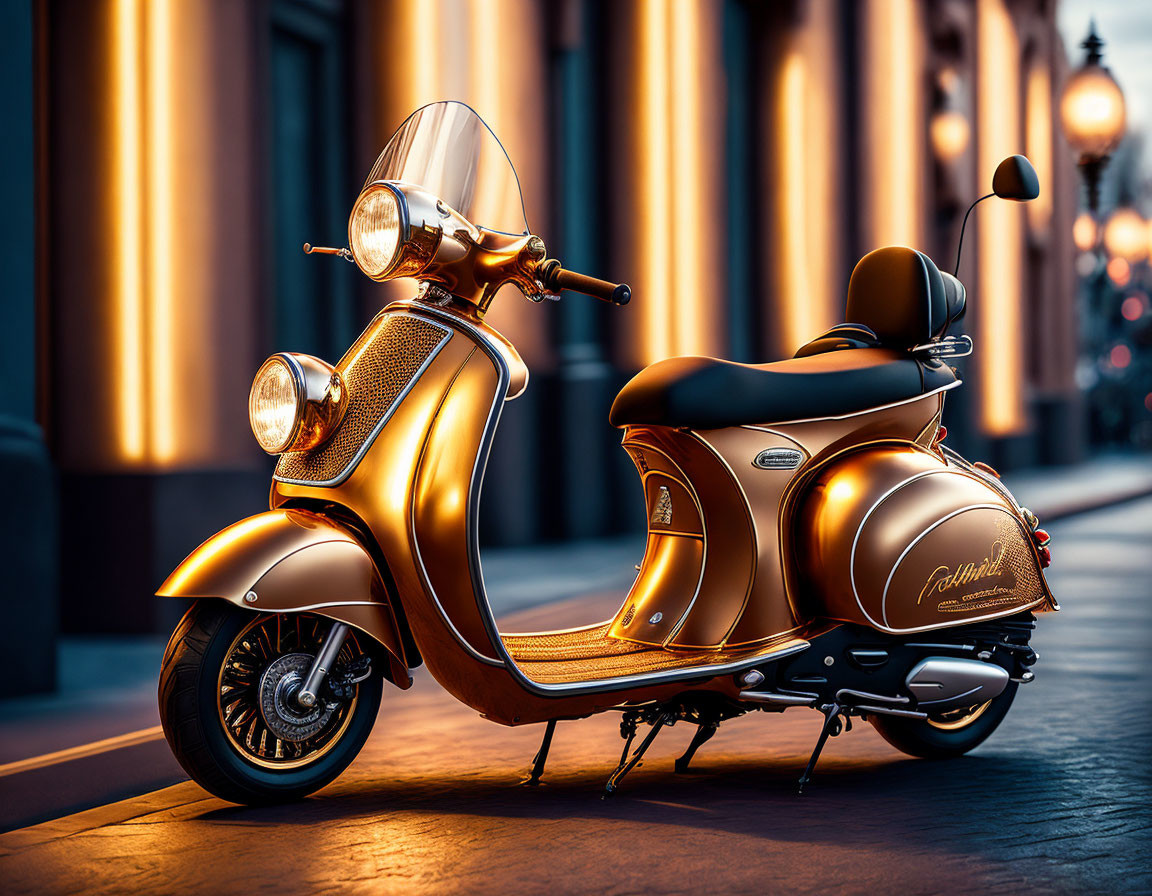 Vintage scooter parked on cobblestone street at dusk with warm street lamp glow