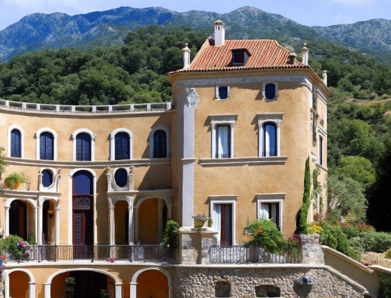 Yellow stucco villa with terracotta roof and arches in lush greenery.