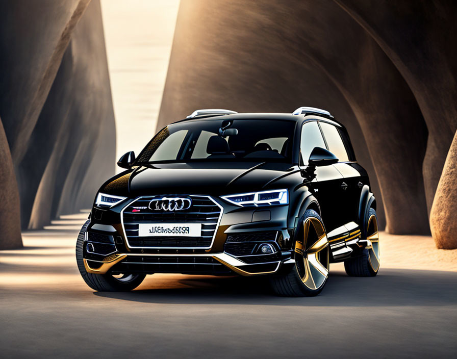 Black Audi SUV with LED headlights against canyon backdrop