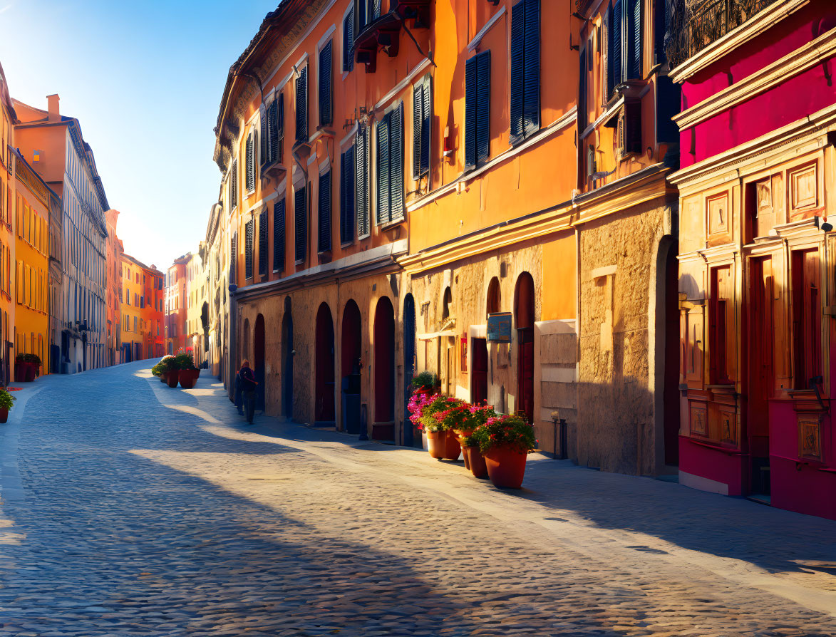 Sunlit European street with colorful buildings and potted flowers