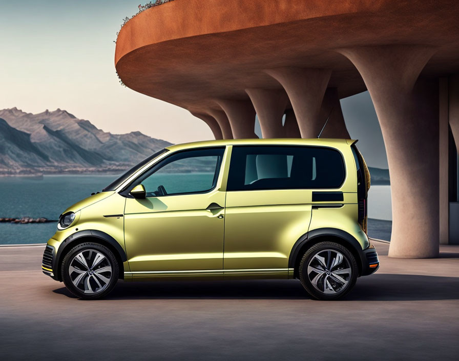 Compact Car Parked by Concrete Structure with Mountain and Sea Background