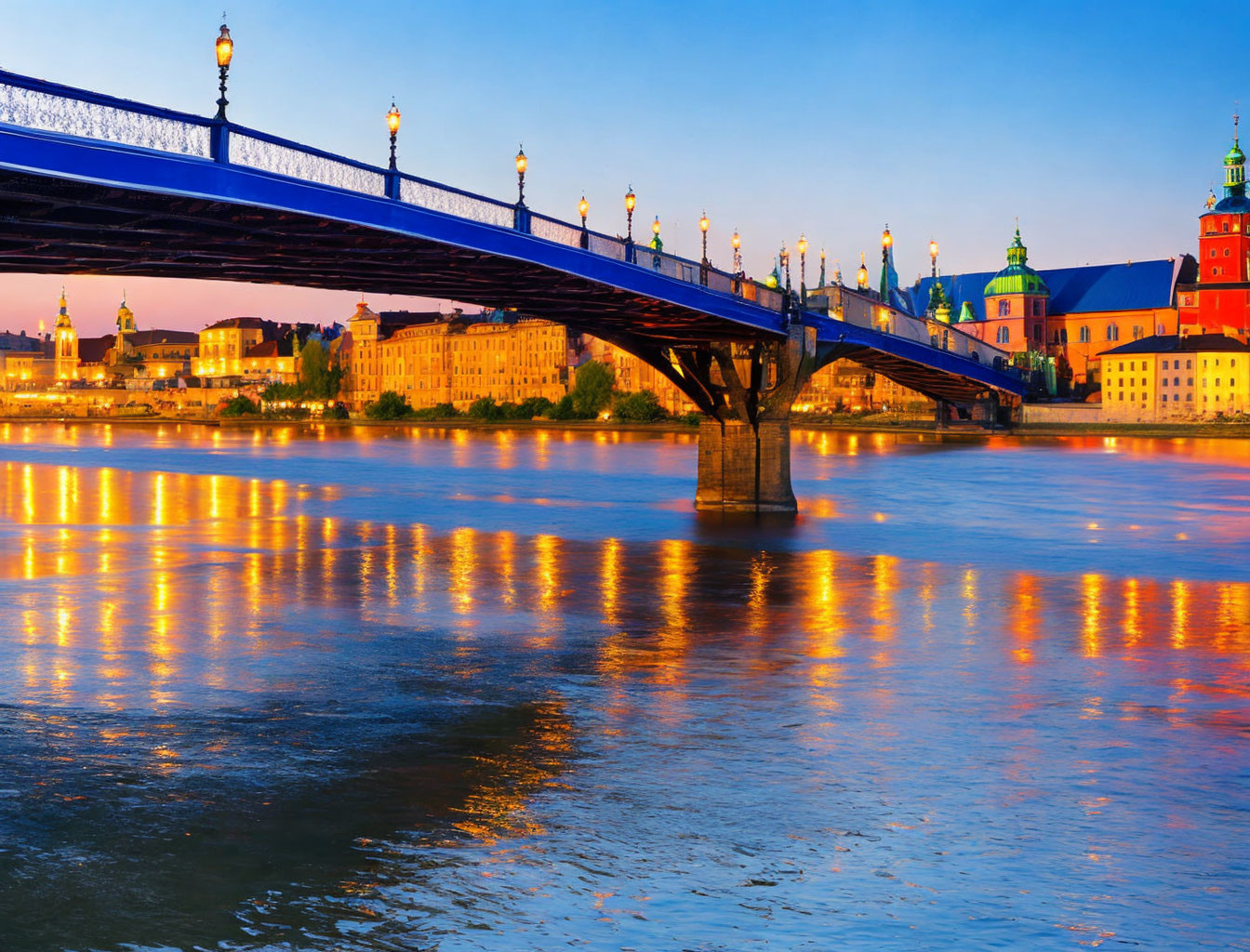 Cityscape: Illuminated Bridge Over River at Dusk