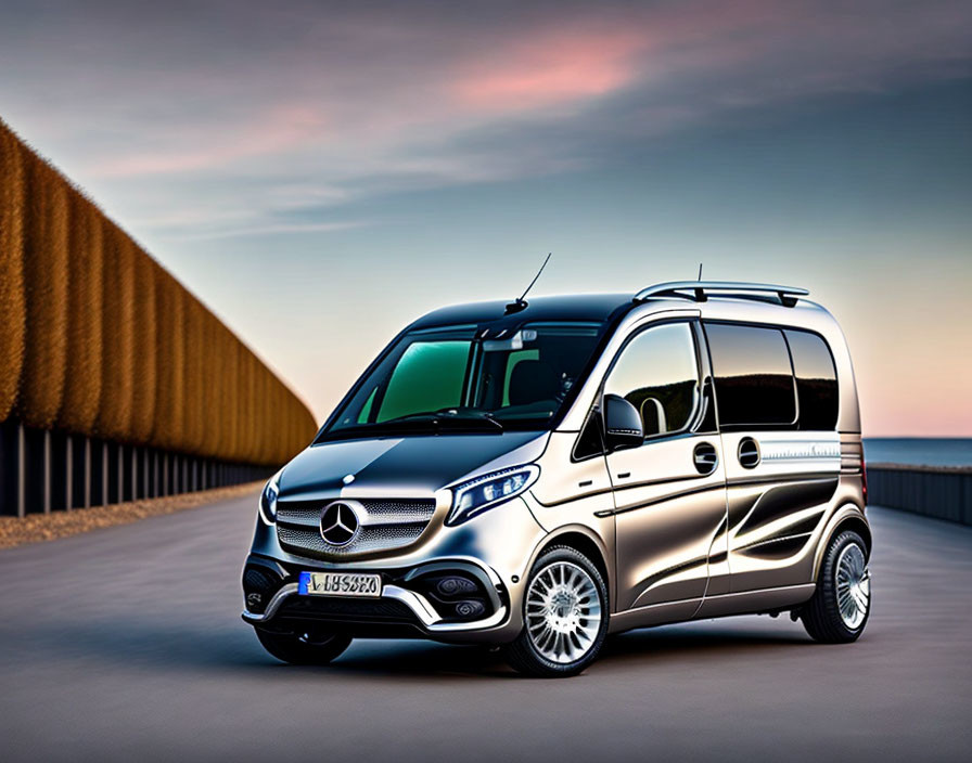 Sleek silver Mercedes-Benz van with stylish alloy wheels parked on smooth surface