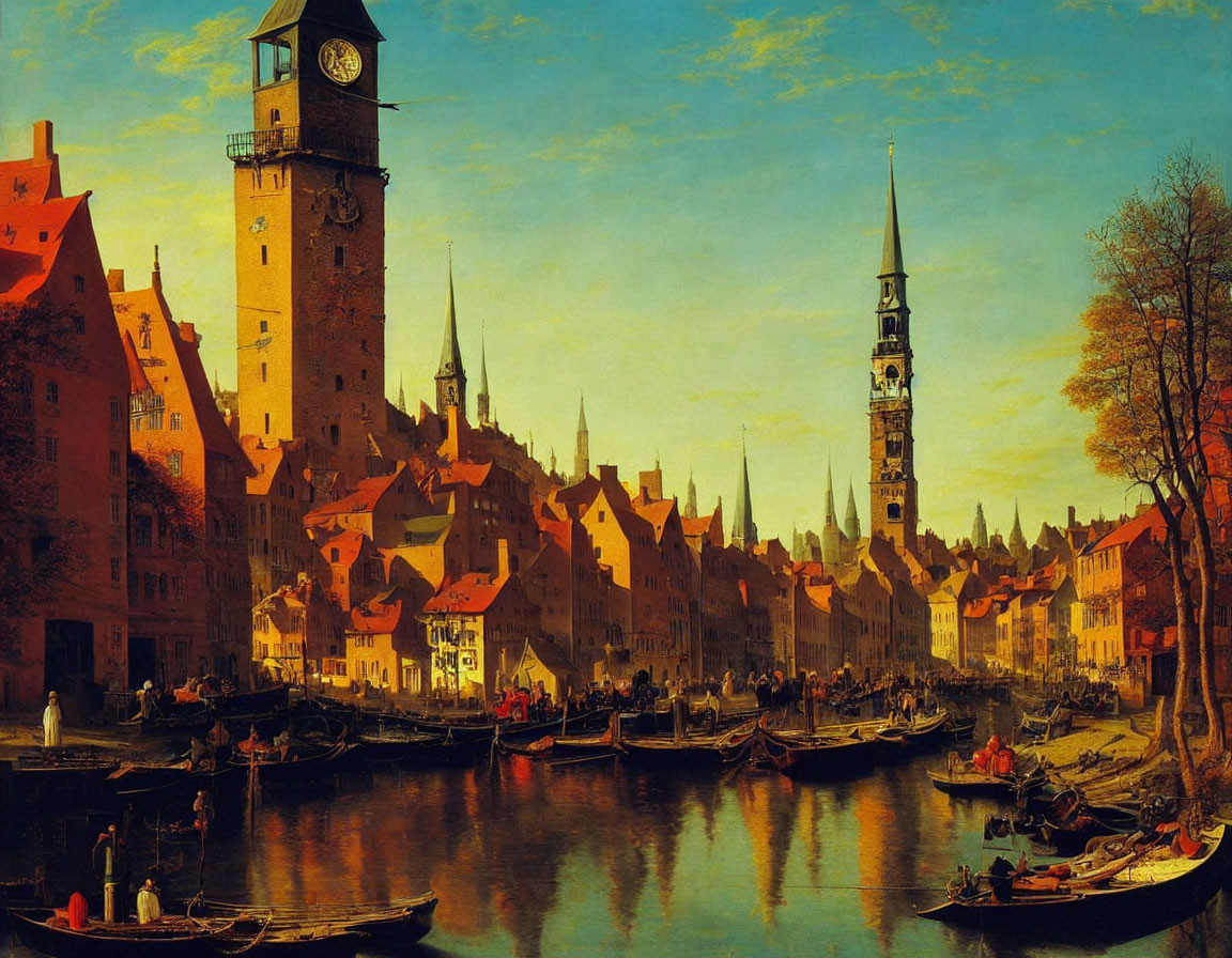 Historical painting of bustling riverfront town with boats and figures.