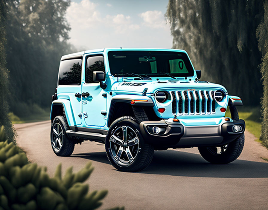 Blue Jeep Wrangler with Seven-Slot Grille and Black Rims on Asphalt Road