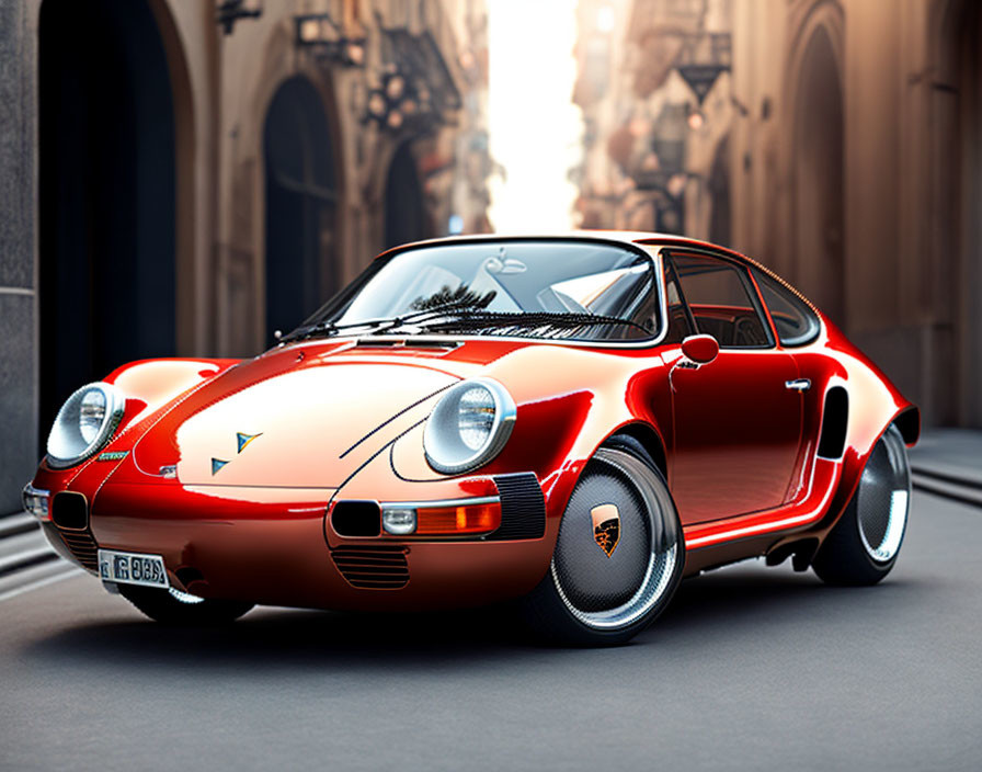 Vintage red Porsche 911 on city street with historical buildings