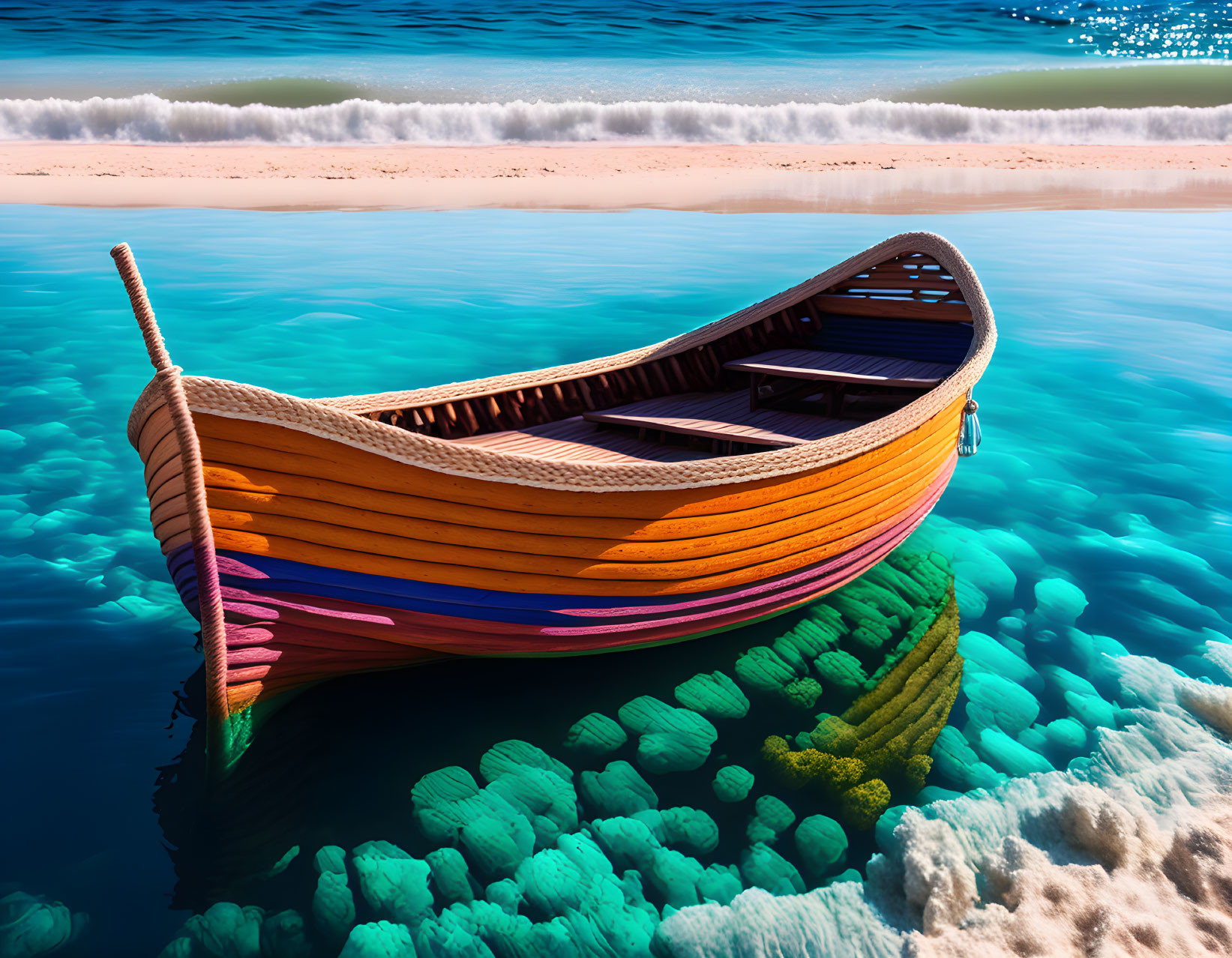 Vibrant coral beneath crystal-clear sea with colorful wooden boat