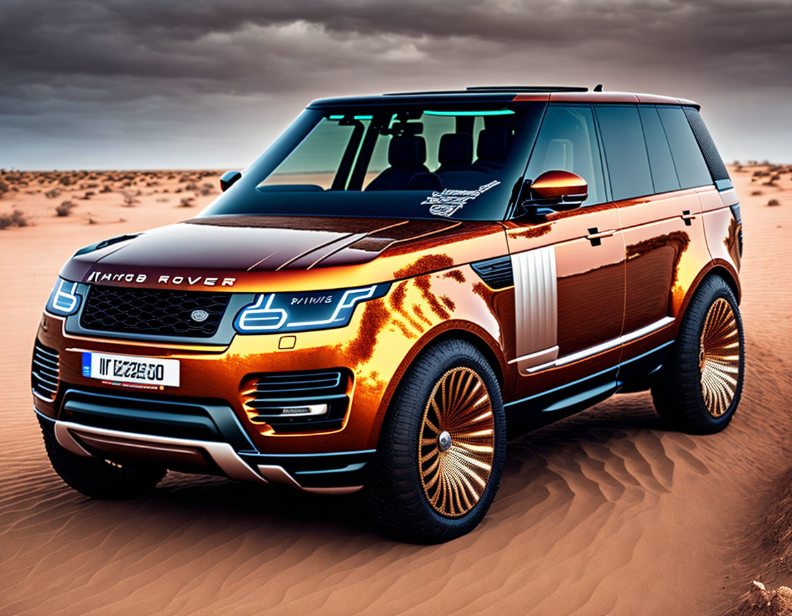 Orange Land Rover in Desert with Sand Dunes and Cloudy Sky