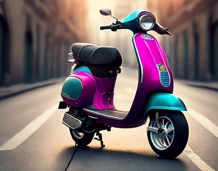 Colorful Teal and Purple Scooter in Urban Street Scene