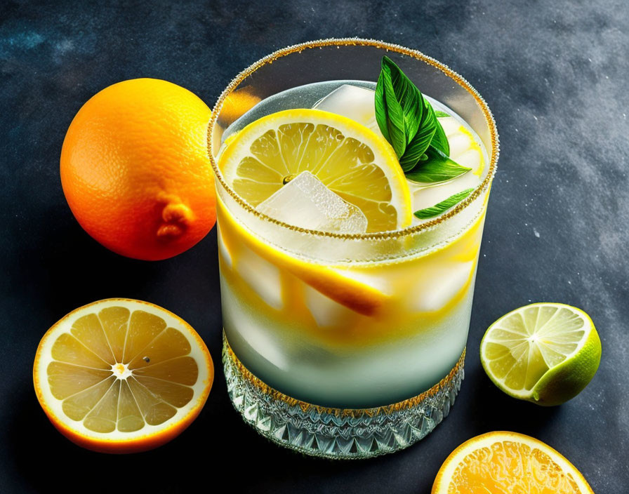 Citrus cocktail with ice, lemon slice, basil leaf, and fruits on dark surface