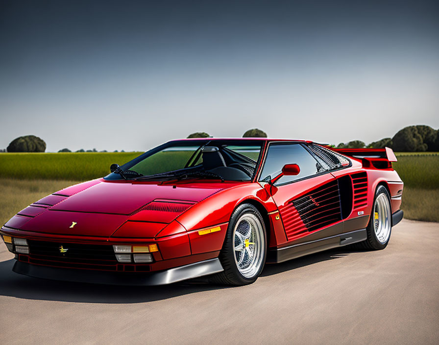 Red Ferrari Testarossa with Side Strake and Rear Wing Parked on Open Road