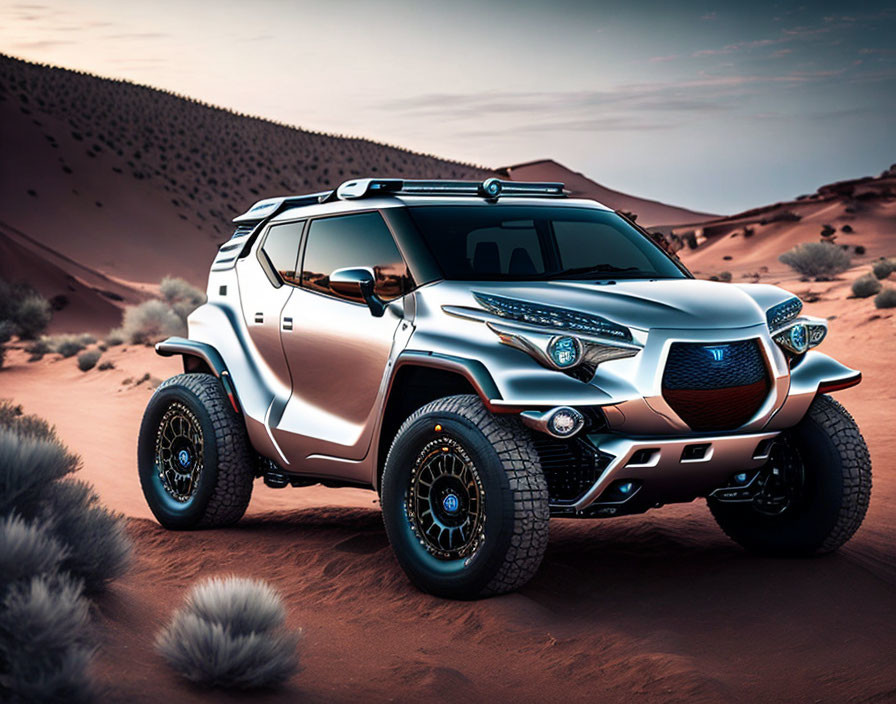 Futuristic SUV with aggressive design on desert sand with oversized tires