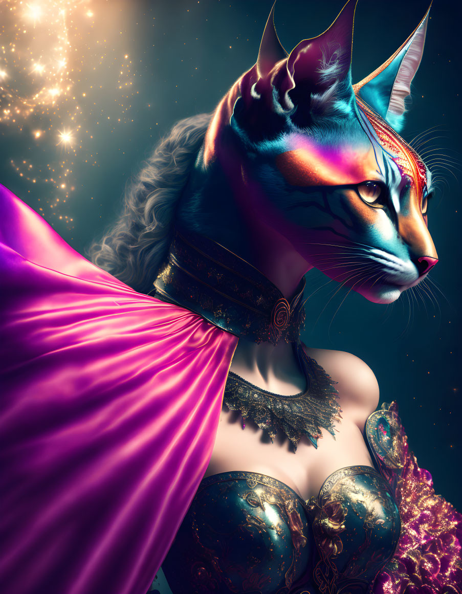 Surreal human figure with cat's head in purple drape and armor on starry background