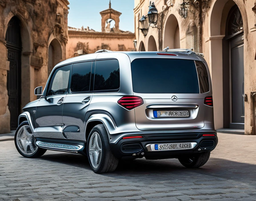 Silver Mercedes-Benz SUV in Old European Courtyard Showcasing Luxurious Design