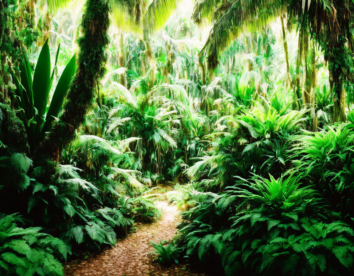 Lush forest path with dense ferns and tropical foliage