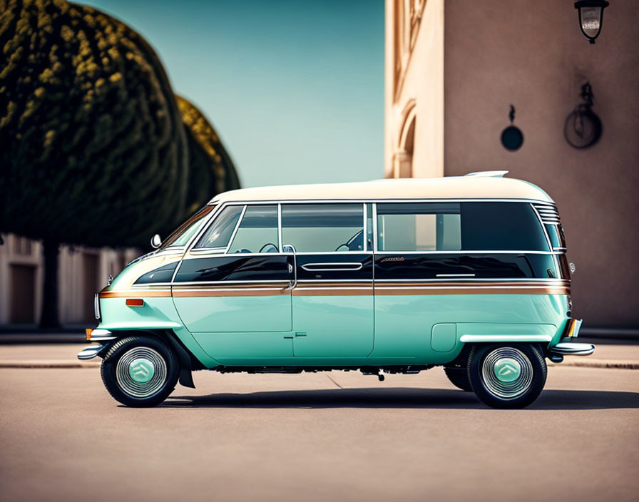 Classic Turquoise and White Van on Sunny Street with Trees and Pastel Building