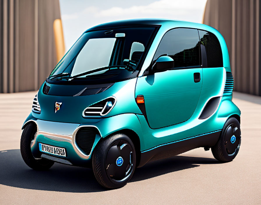 Compact Turquoise Electric Car in Front of Modern Building