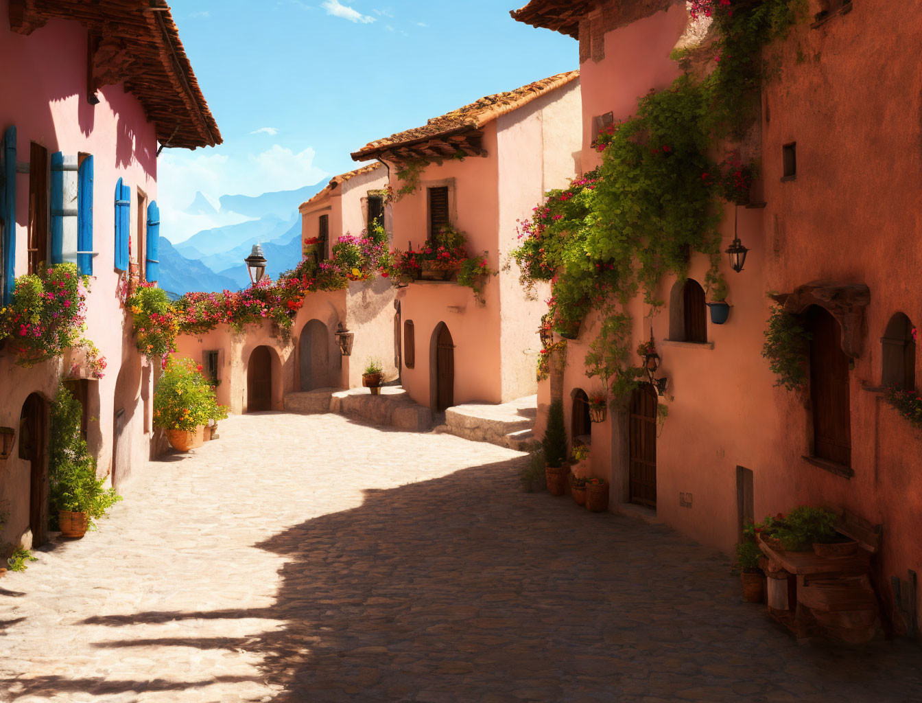 Vibrant terracotta homes on cobblestone street with mountain backdrop