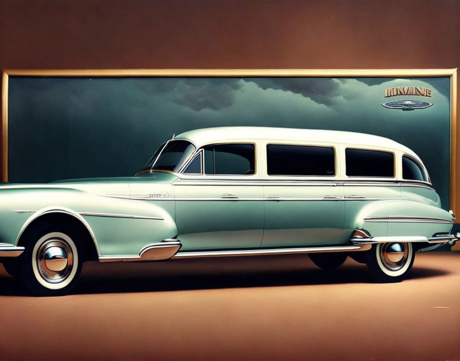 Vintage Turquoise Limousine with Chrome Details and White-Wall Tires Displayed on Dark Background